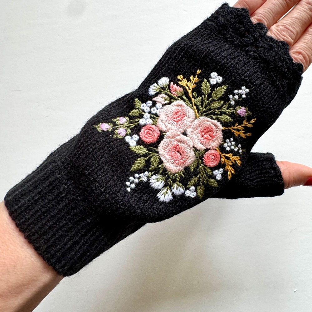 Black Mittens Fingerless Gloves with Pink Floral Design - Picture 8 of 8